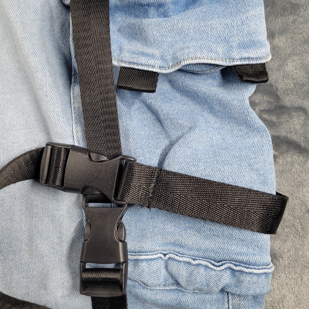 American Bazi Light Wash Denim Cargo Jogger Pants Buckle Straps Techwear Mens 29 - Picture 2 of 11